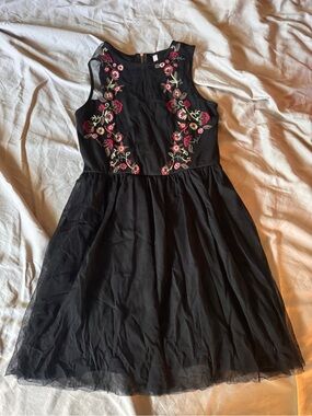 Black Mesh Dress with Pink Floral Embroidery sweetheart neckline